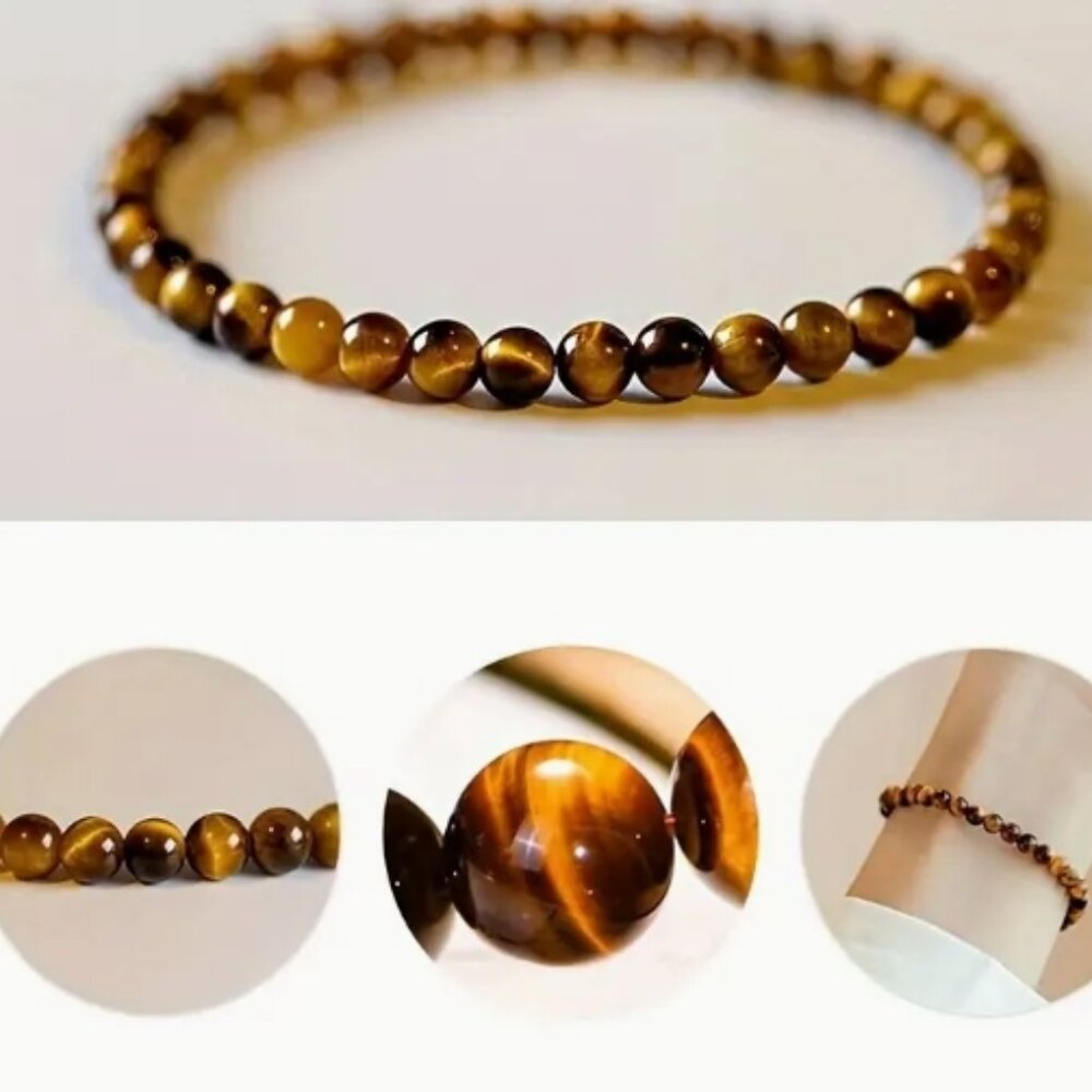 NEW Elegant, Boho Chic, 6mm Genuine Tiger's Eye Semi-Precious Stone Bracelet.